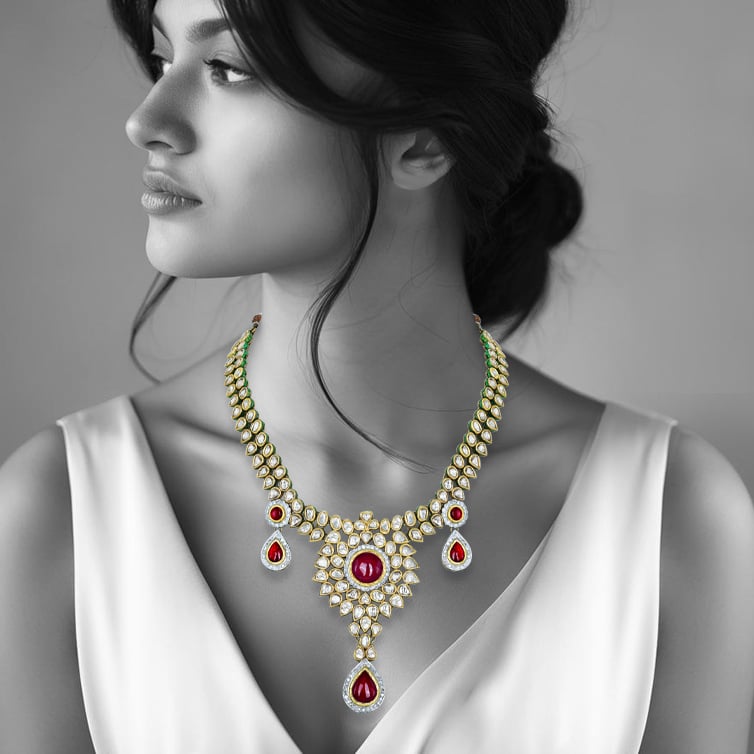 Rhodolite Cabochon Necklace with Polki Diamonds and Teardrops